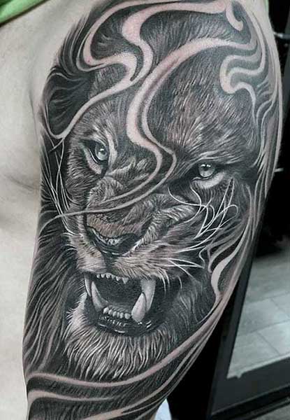 alt="Lion black and gray miami tattoo shops near me"