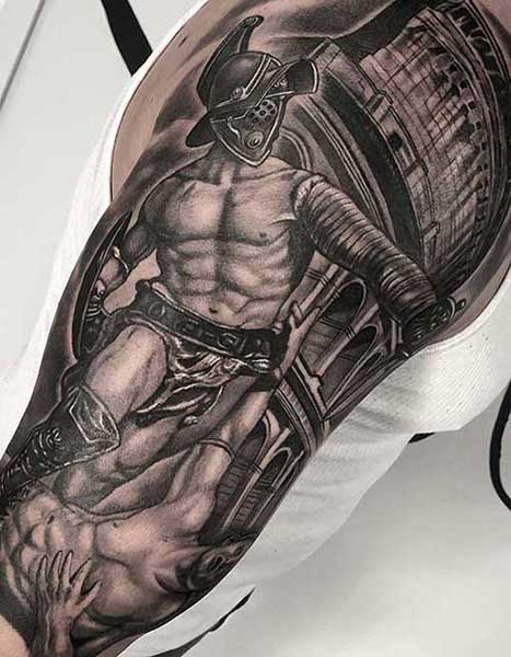 alt="black and grey tattoo warrior miami"