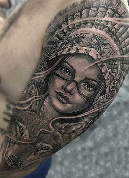 alt="indian chief girl black and gray tattoo miami fl"